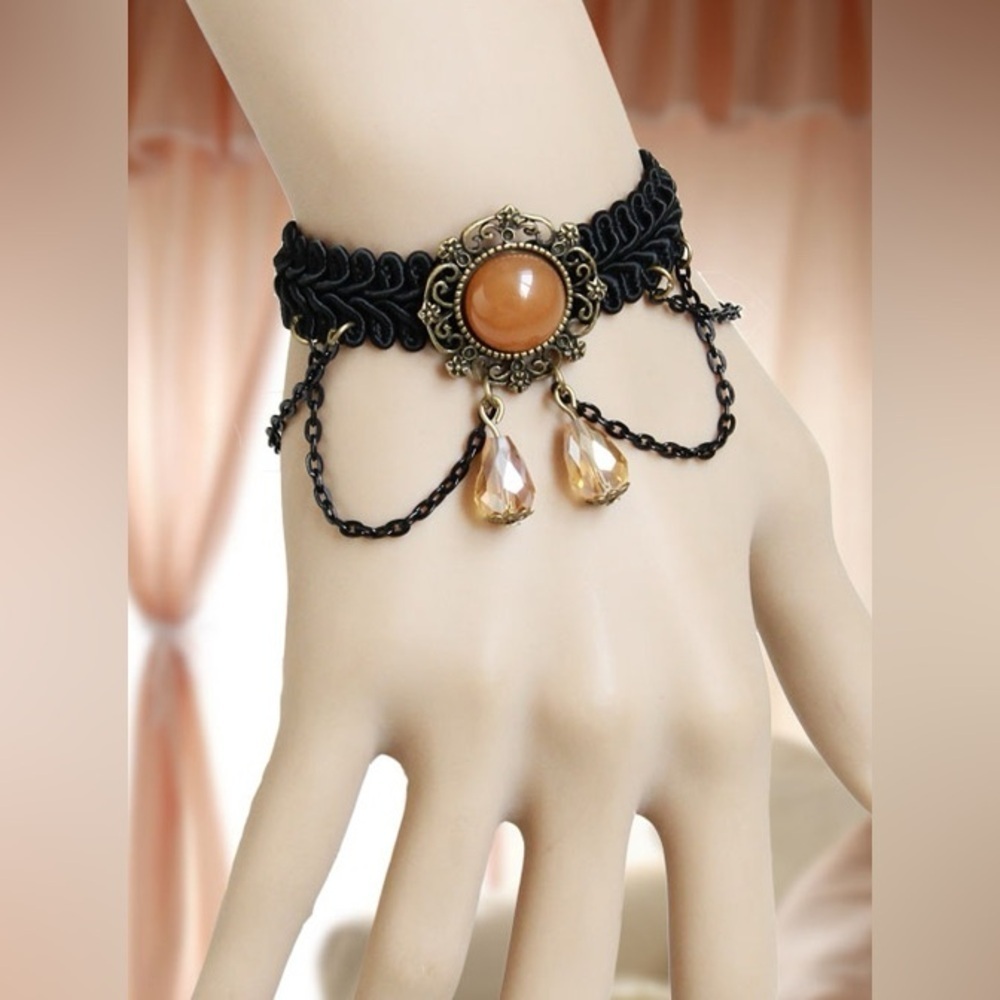 Vintage Handmade Black Choker Bracelet with Orange Gem NWT